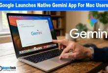A MacBook displaying the Gemini interface next to a large Gemini logo for a tech news announcement.