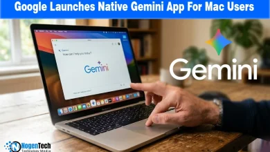 A MacBook displaying the Gemini interface next to a large Gemini logo for a tech news announcement.