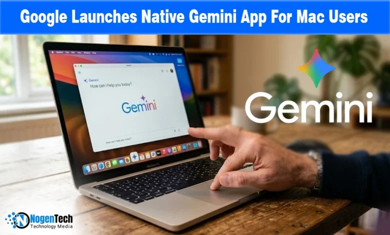 A MacBook displaying the Gemini interface next to a large Gemini logo for a tech news announcement.