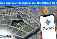 Aerial shot of the Pentagon with the Google and Gemini logos, illustrating a controversial AI contract.