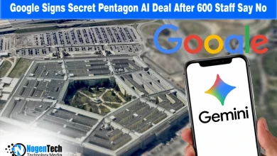 Aerial shot of the Pentagon with the Google and Gemini logos, illustrating a controversial AI contract.