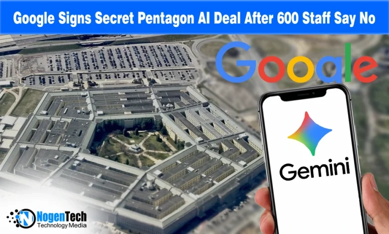 Aerial shot of the Pentagon with the Google and Gemini logos, illustrating a controversial AI contract.
