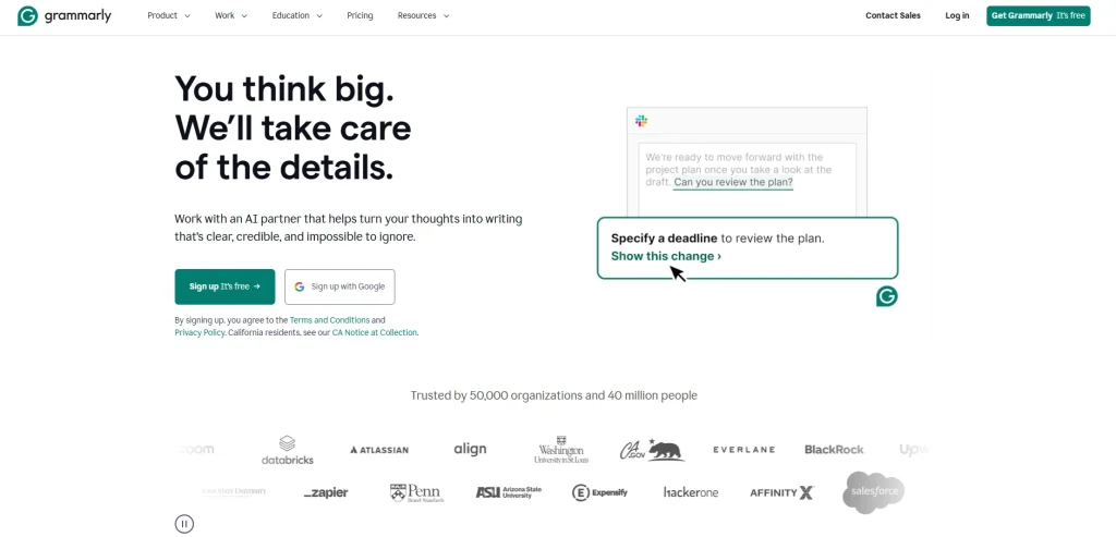 Screenshot of Grammarly's homepage by NogenTech