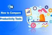 Digital illustration titled “How to Compare Productivity Tools” showing a person at a desk surrounded by icons of gears, clock, clipboard, target, and envelopes.