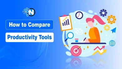 Digital illustration titled “How to Compare Productivity Tools” showing a person at a desk surrounded by icons of gears, clock, clipboard, target, and envelopes.