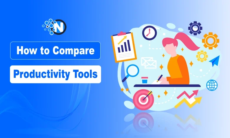 Digital illustration titled “How to Compare Productivity Tools” showing a person at a desk surrounded by icons of gears, clock, clipboard, target, and envelopes.