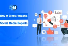 Illustration with a blue gradient background showing two people creating social media reports for Facebook, Instagram, and WhatsApp logos.