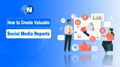 Illustration with a blue gradient background showing two people creating social media reports for Facebook, Instagram, and WhatsApp logos.