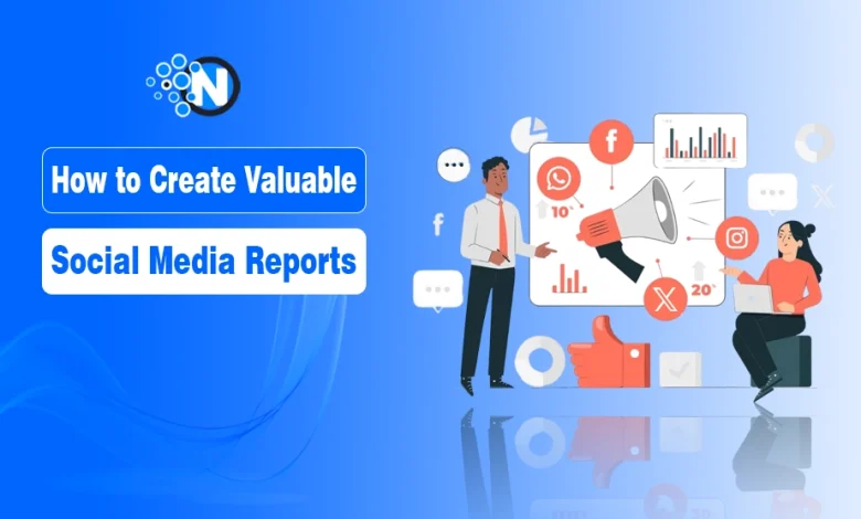 Illustration with a blue gradient background showing two people creating social media reports for Facebook, Instagram, and WhatsApp logos.