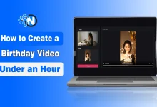 Promotional graphic showing a laptop with a birthday video editing interface.