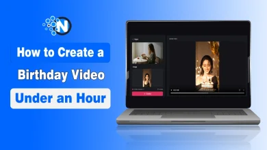 Promotional graphic showing a laptop with a birthday video editing interface.