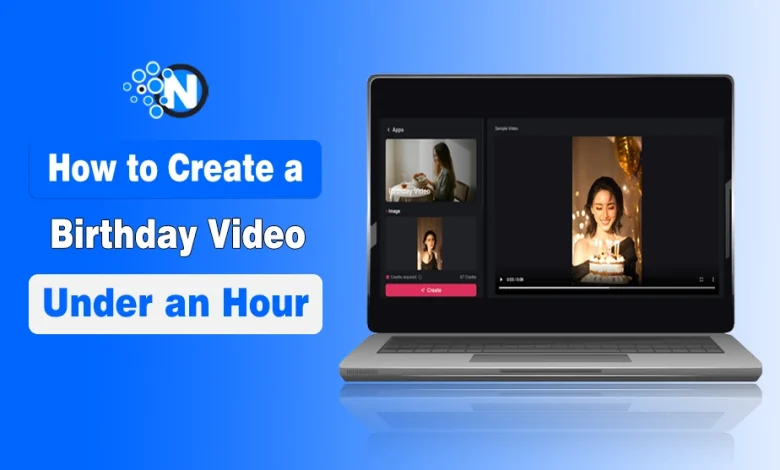Promotional graphic showing a laptop with a birthday video editing interface.