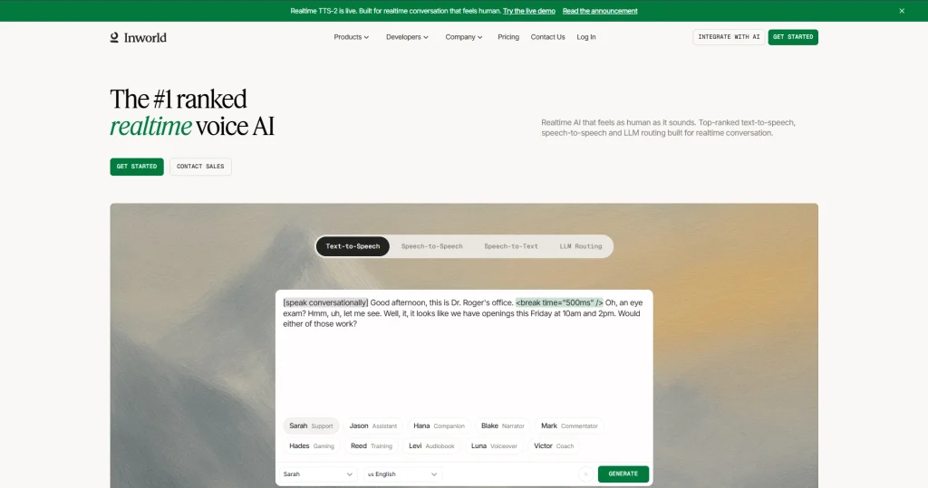 The Inworld AI "Realtime Voice AI" landing page. It showcases a text-to-speech demonstration box with conversational dialogue and SSML tags like "break time." Below the input are selectable character presets including "Sarah (Support)," "Jason (Assistant)," and "Hades (Gaming)."