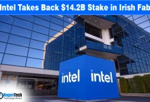 Intel logo on a blue cube in front of a glass office building representing the $14.2 billion Irish Fab stake