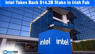 Intel logo on a blue cube in front of a glass office building representing the $14.2 billion Irish Fab stake