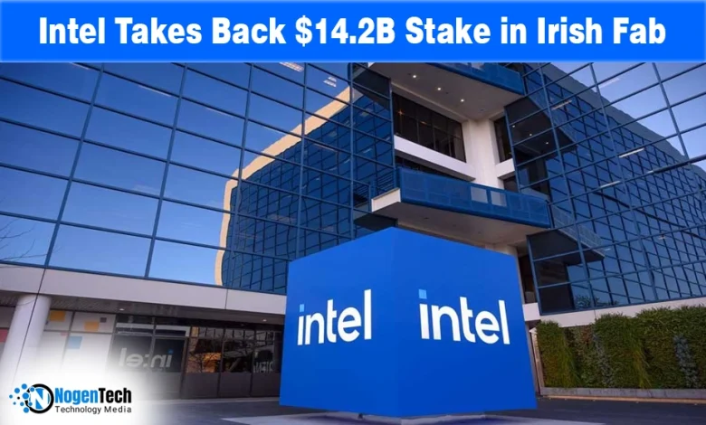 Intel logo on a blue cube in front of a glass office building representing the $14.2 billion Irish Fab stake