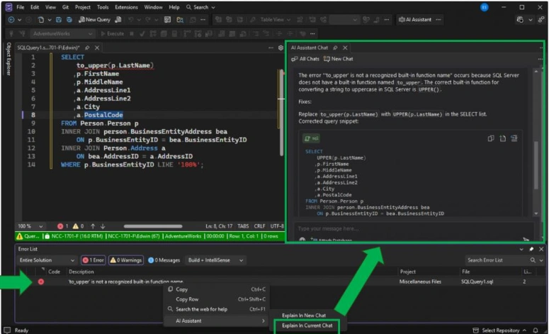 It can also read from the Error List and suggest fixes, like the example below, when I used a non-existent text function