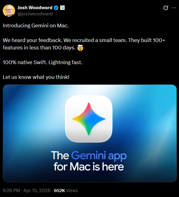 Josh Woodward's X Post Announcing Gemini app for macOS