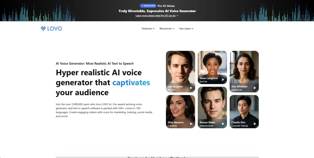 The LOVO AI homepage highlighting "Hyper realistic AI voice generator that captivates your audience." The design features high-quality portraits of various AI personas—such as Leo Grayson for Podcasts and Zoe Whitaker for Audiobooks—with play buttons to sample their voices.