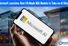 A glowing blue processor chip on a circuit board for a news story about Microsoft's US-made MAI models.