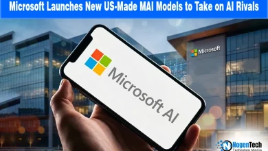 A glowing blue processor chip on a circuit board for a news story about Microsoft's US-made MAI models.