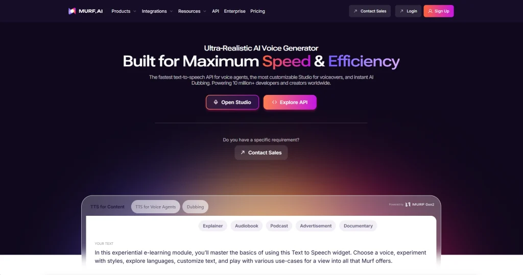 The Murf AI homepage with a dark, professional gradient background. The headline reads "Ultra-Realistic AI Voice Generator Built for Maximum Speed & Efficiency." It features two primary buttons: "Open Studio" and "Explore API," with category tabs for Explainer, Audiobook, and Podcast use cases.
