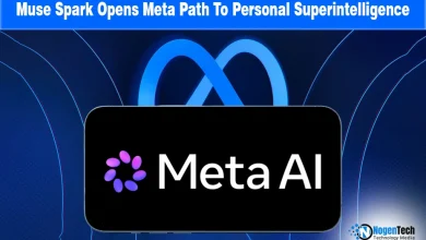 Meta AI logo and digital wave patterns on a news graphic for Muse Spark and superintelligence