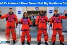 Astronaut in space with Earth in the background on a news graphic for NASA’s Artemis II mission.