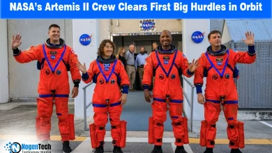 Astronaut in space with Earth in the background on a news graphic for NASA’s Artemis II mission.