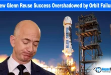 Jeff Bezos and a Blue Origin New Glenn rocket on a news graphic for Nogentech.org regarding orbital mission results.