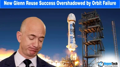 Jeff Bezos and a Blue Origin New Glenn rocket on a news graphic for Nogentech.org regarding orbital mission results.
