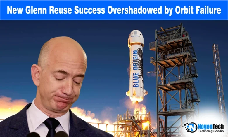 Jeff Bezos and a Blue Origin New Glenn rocket on a news graphic for Nogentech.org regarding orbital mission results.