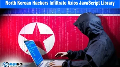 Cybersecurity alert graphic showing a laptop breach and Axios library infiltration.