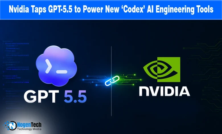 Graphic showing the partnership between Nvidia and GPT 5.5 for Codex AI engineering tools on Nogentech.org.