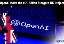 OpenAI logo and UK map on a news graphic reporting the suspension of the Stargate UK project.