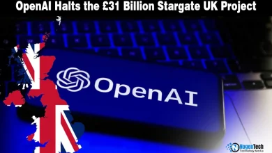 OpenAI logo and UK map on a news graphic reporting the suspension of the Stargate UK project.