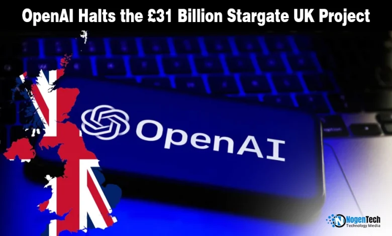 OpenAI logo and UK map on a news graphic reporting the suspension of the Stargate UK project.