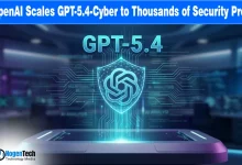 Glowing OpenAI shield icon on a futuristic digital background for a cybersecurity news report.