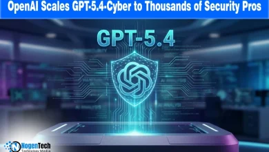 Glowing OpenAI shield icon on a futuristic digital background for a cybersecurity news report.