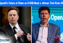 Split-screen of Elon Musk and Sam Altman for a news report on the Musk v. Altman trial.