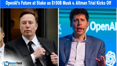 Split-screen of Elon Musk and Sam Altman for a news report on the Musk v. Altman trial.