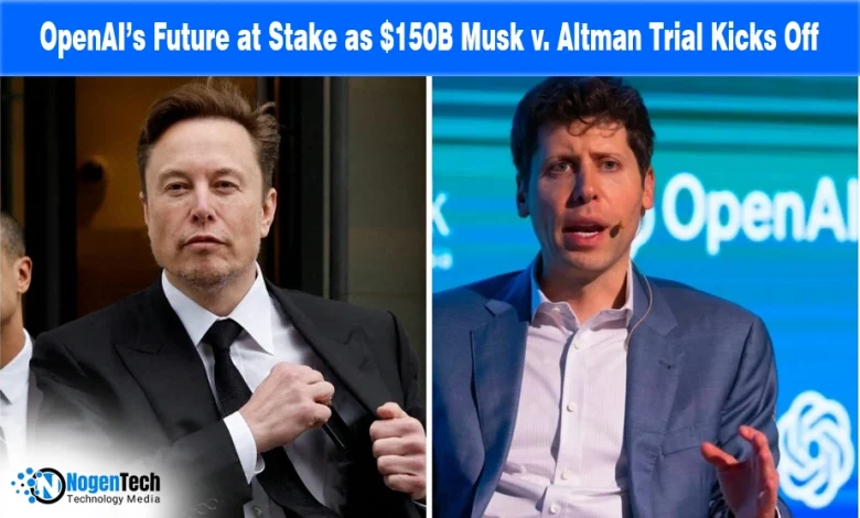 Split-screen of Elon Musk and Sam Altman for a news report on the Musk v. Altman trial.