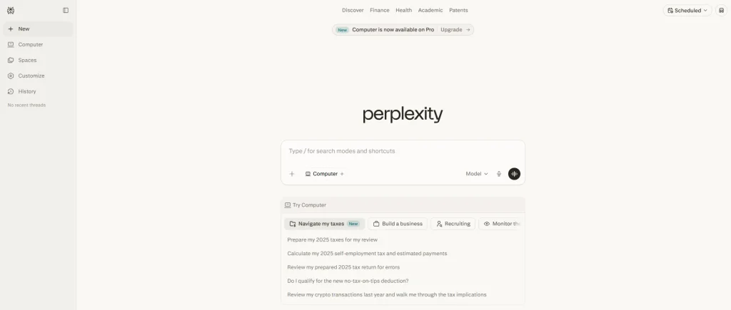 Screenshot of Perplexity's homepage by NogenTech