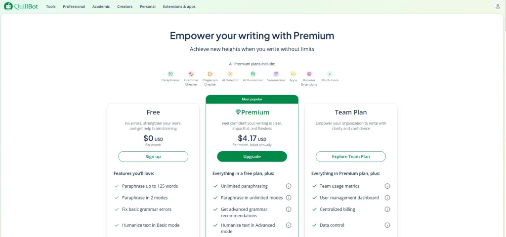 Screenshot of QuillBot Premium's pricing page by NogenTech