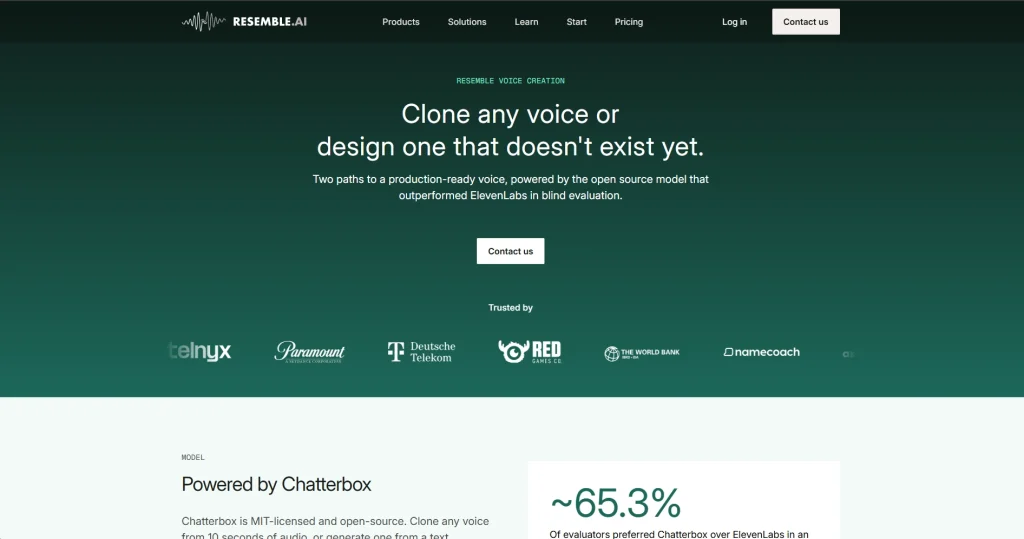 The Resemble AI homepage with a deep green background and the headline "Clone any voice or design one that doesn't exist yet." It displays logos of trusted partners like Paramount and the World Bank, and mentions their "Chatterbox" open-source model.