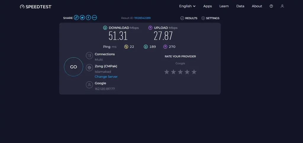 Result of the Internet Speed Test