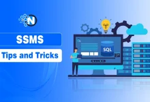 SSMS tips and tricks illustration with SQL database, server racks, and developer setup