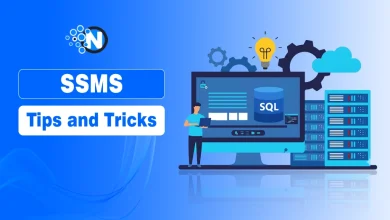 SSMS tips and tricks illustration with SQL database, server racks, and developer setup