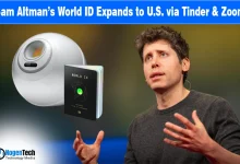 World ID logo alongside Tinder and Zoom icons on a blue digital background.