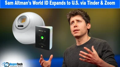 World ID logo alongside Tinder and Zoom icons on a blue digital background.